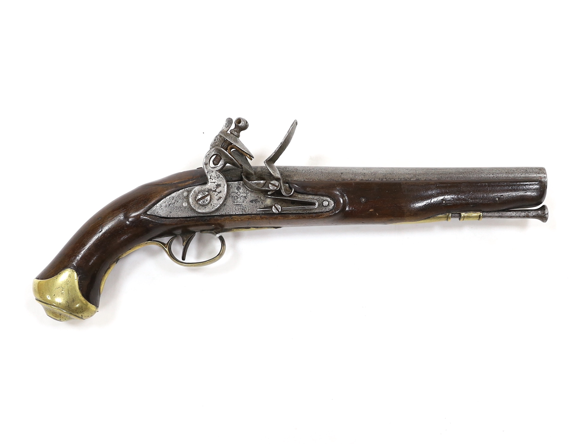 A Regulation type, brass mounted flintlock service pistol, barrel 22.5cm, with associated regulation brass mounts and iron ramrod, lock engraved with crowned GR